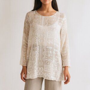 Chico’s White Embroidered 100% Shirt Silk Tunic Size 2 Boho Sheer Resort Luxe